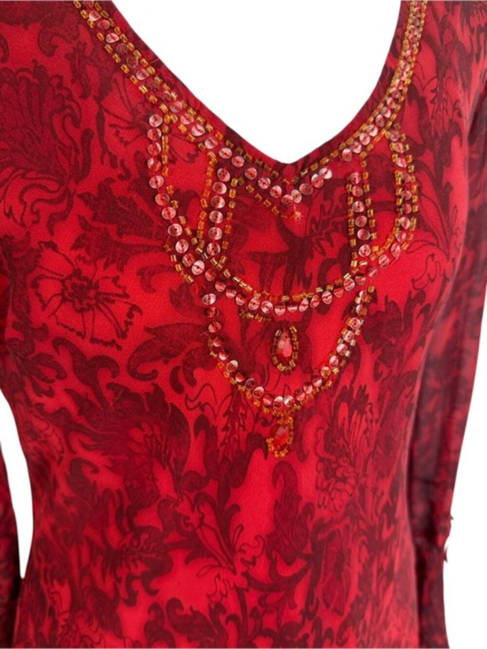 Separates NYC Red Damask Beaded Sheer Tunic Blouse Bell Sleeve Boho M/L - Picture 7 of 9